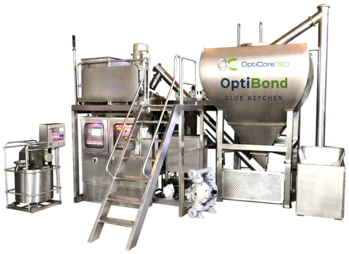 OptiBond automatic glue kitchen with high-shear mixer, branded bulk starch silo, screw conveyor and pumps