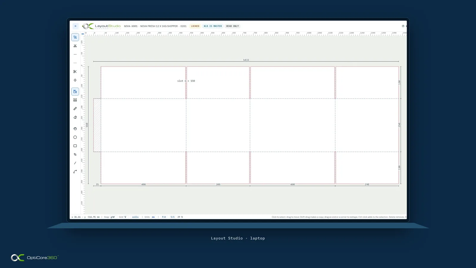 Layout Studio showing a box blank with dimensions