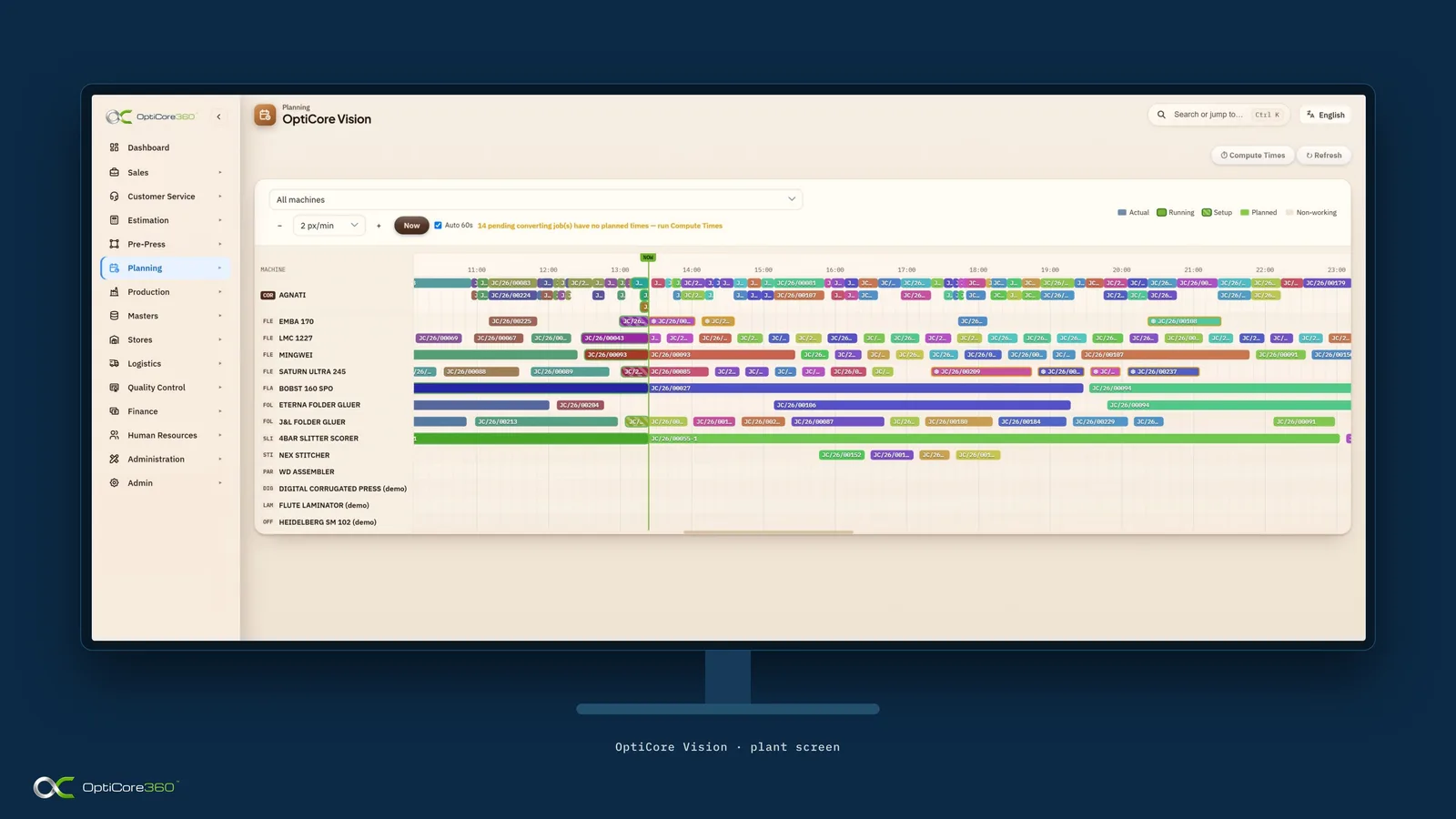 OptiCore Vision Gantt schedule of every machine on a plant screen